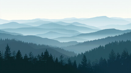 Naklejka na meble a misty mountain range with silhouettes of trees in the foreground, rendered in blue hues. The scene conveys a sense of tranquility and the quiet beauty of a misty morning