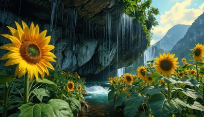 Sticker - Sunflowers Blooming Beneath a Waterfall.