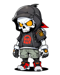 Wall Mural - A cartoon character with a skull on his hoodie and a backpack