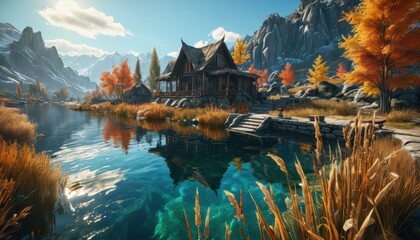 Poster - Autumn Cabin by the Lake.