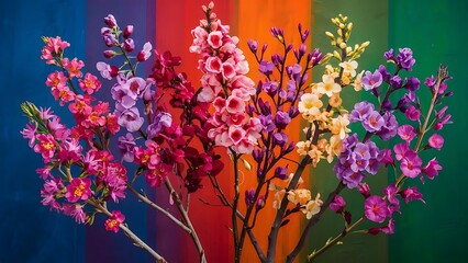 composition with beautiful blooming branches on color background