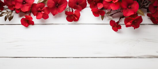 Poster - Red flowers with leaves set against a white wooden backdrop, providing an ideal copy space image.