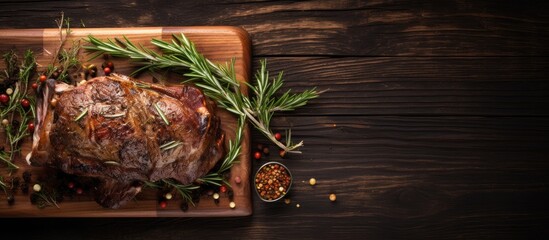 Poster - A top-view shot showing a wooden background with a cutting board holding a roasted lamb leg garnished with rosemary, providing a copy space image.