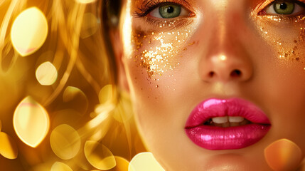 Canvas Print - woman with metallic and gold makeup with pink lips