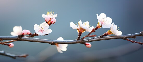 Poster - Almond bud blossoming on twig, beautiful copy space image.