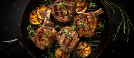 Fototapete - Top-down view of barbecued lamb and mutton chops sizzling in a pan with a dark background, perfect for a copy space image.