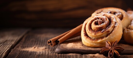 Poster - Ceylon cinnamon sticks displayed on a textured wooden background with a cinnamon roll, powder, perfect for baking, desserts, or drinks. Close-up with room for text, copy space image.
