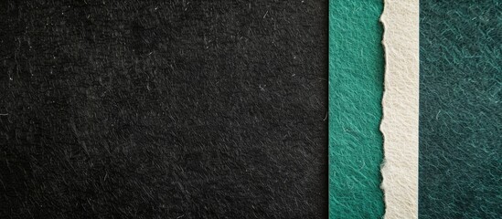 Poster - Vintage abstract cardboard background in black with a white and emerald border, providing a presentation template and mockup with a felt closeup, ideal for a copy space image.
