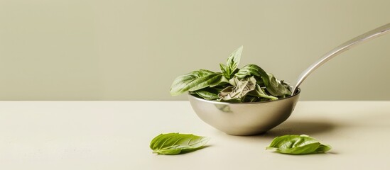 Fototapete - A ladle filled with dried basil leaves herbs, with copy space image.
