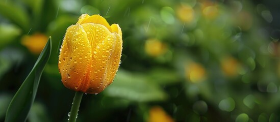 A yellow tulip with close-up, water drops, shallow focus in garden, providing copy space image.