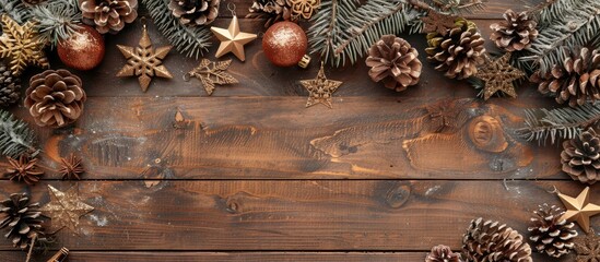 Poster - Christmas and New Year decorations displayed on a wooden background with copy space image.