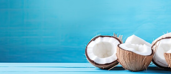 Aufkleber - Summer-themed image with fresh coconuts on a blue desk with a flat copy space photo.