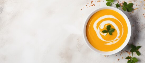 Aufkleber - Creamy pumpkin soup with a silky texture, showcased on a marble background with ample copy space in a top-down view.