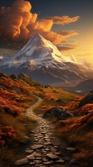 Wall Mural - a painting of a mountain landscape with a lake and mountains in the background.