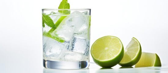 Poster - A photograph showing a gin and tonic drink with ice and lime, placed elegantly on a white surface, providing ample space for additional visual elements.