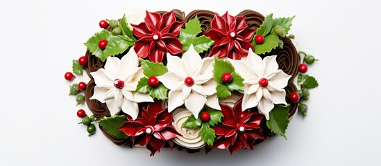 Aufkleber - Top view of a festive chocolate cake adorned with butter flowers and leaves in red, white, and green hues, perfect for Christmas and New Year's, captured in a close-up image on a white background