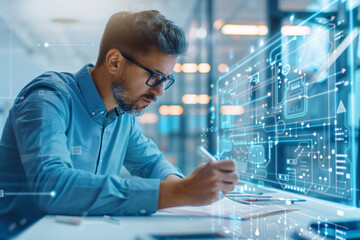 Focused programmer working on a technical project, with digital data displayed on the screen.