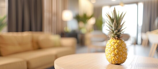 Poster - Fresh and delicious whole pineapple on a wooden table in a hotel room with copy space image.