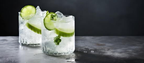 Poster - A gin and tonic cocktail garnished with ice, lime, cucumber, and juniper, served in a frosted glass against a grey wall backdrop. Features copy space image.