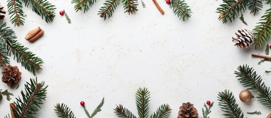 Poster - Christmas greeting surrounded by a frame of fir branches on a white background with available space for your text. with copy space image. Place for adding text or design