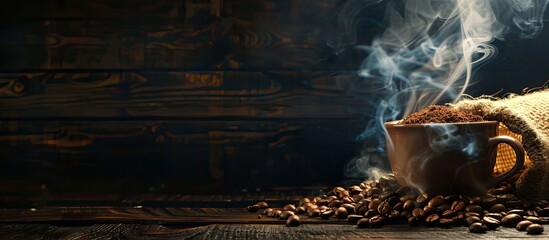 Leinwandbilder - A cup of coffee and burlap sack of beans with smoke on wooden background, with space for text. with copy space image. Place for adding text or design