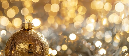 Poster - Christmas decorations featuring a gold ball against a blurred bokeh light background with copy space image available.