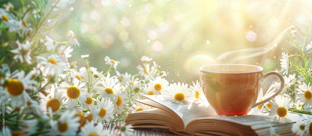 summer blurpastel background of camomile tea and old book tenderness ...