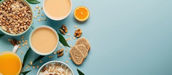 Aufkleber - Blue background with oatmeal, orange juice, and coffee, all displayed for a copy space image.