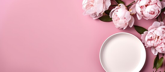 Aufkleber - Top view of white peonies and a plate on a pink background in a flatlay composition with copy space image.