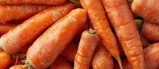 Poster - Fresh large orange carrots create a texture background in a macro photograph, ideal for a product image of a vegetable root, with copy space image.