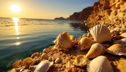 Canvas Print - Seashells on the Beach at Sunset.