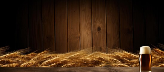 Aufkleber - Man cave frame with wooden brown background featuring beer bottle and wheat elements, including copy space image.
