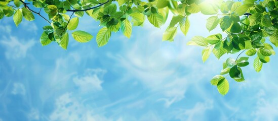 Poster - A tree branch covered in green leaves against a sunny blue sky, creating a summer-themed background with abundant copy space image.