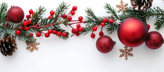 Poster - Christmas decoration with branch of christmas tree, red berries, cones pine and Christmas ball with snowflake on white background, soft toy. with copy space image. Place for adding text or design