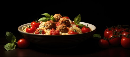Aufkleber - Bowl with pasta, meatballs, and fresh tomato, with space for adding text or pictures. with copy space image. Place for adding text or design