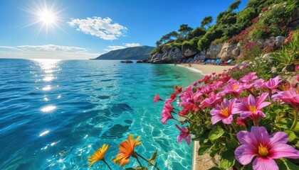 Poster - Tropical Beach Paradise with Sun, Flowers and Ocean.