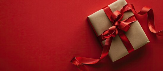 The gift is elegantly presented in a craft paper wrapping, adorned with a festive red ribbon, set against a red background, symbolizing the New Year festivities with a copy space image.