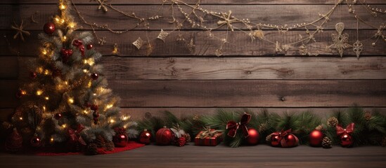 Poster - Festive fir tree embellished with ornaments on a rustic wooden backdrop with copy space image
