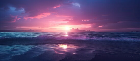 Aufkleber - Violet light reflects on sea waves creating a serene scene with a backdrop of the sea; ideal for a copy space image.