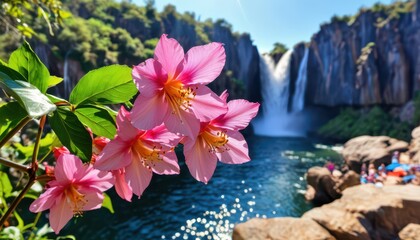 Canvas Print - Pink Flowers Against a Waterfall.