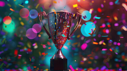 Wall Mural - A shiny silver trophy stands in the center of the image, surrounded by falling confetti of various colors. The confetti and blurred lights in the background suggest a celebratory atmosphere