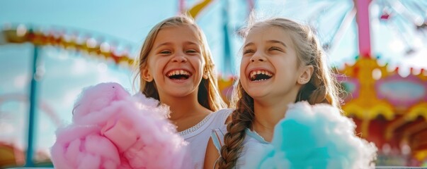 Wall Mural - Three young girls having fun at an amusement park, each holding fluffy pink cotton candy, with colorful rides and lights in the blurred background.