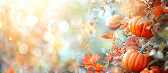 Aufkleber - Autumn-themed wide banner featuring orange pumpkins and colored leaves on a blurred pastel background, ideal for Thanksgiving Day or autumn seasonal sales with ample copy space image.