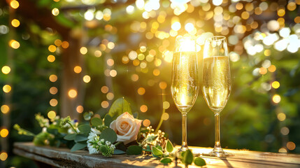 Wall Mural - Two glasses of sparkling wine  on a wooden table, decorated with flowers and fairy lights, set against a backdrop of a green garden with the golden sunset in the background