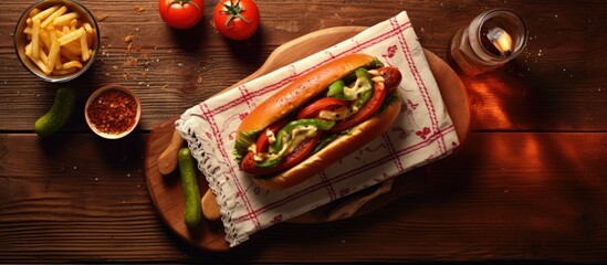 Poster - Rustic top-view of a fast-food meal on a table, featuring a hot dog in a sandwich bun with sausage, gherkin, ketchup, and mayonnaise, against a copy space image background.