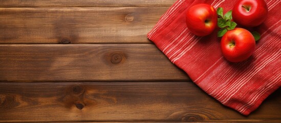 Aufkleber - Wooden cutting board and kitchen towel on a wooden surface providing ample copy space image.