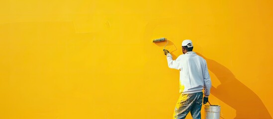Aufkleber - Painter color painting wall yellow at home with paint roller closeup. with copy space image. Place for adding text or design
