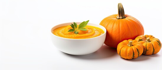 Poster - Pumpkin and carrot soup placed on white background for copy space image, representing the concept of orange vegetables.