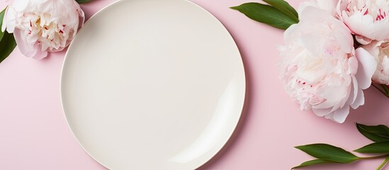 Aufkleber - Top view of white peonies and a plate on a pink background in a flatlay composition with copy space image.