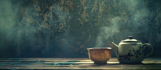 Aufkleber - Vintage style tea setup with a dark tea background featuring an Asian teapot, steaming tea mug on a table, allowing for a design in a copy space image.